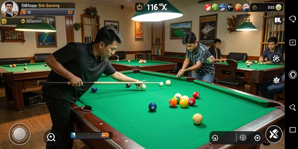 Antarmuka gameplay billiard yang menarik dan realistis.